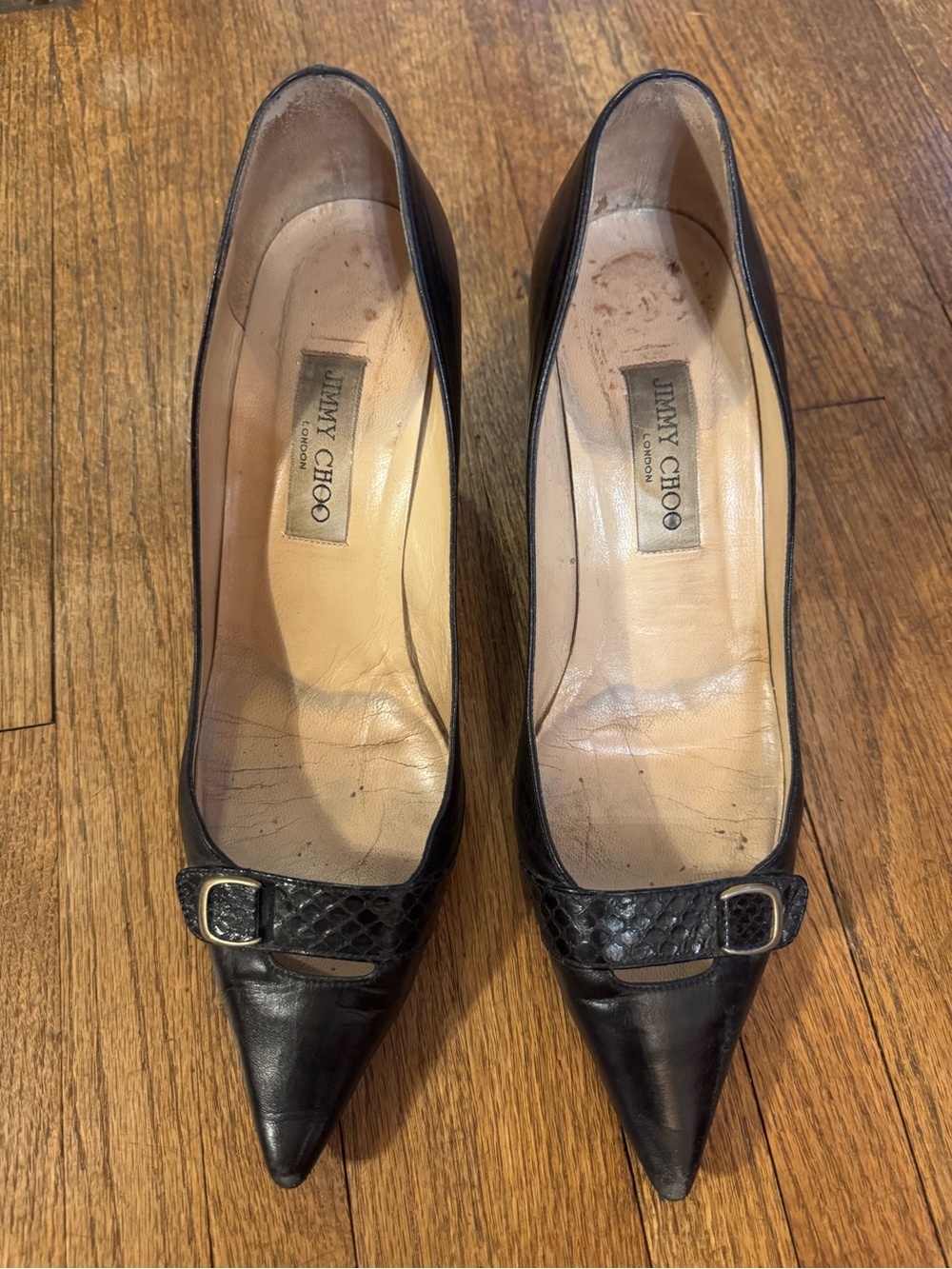 Jimmy Choo Black Pointed Toe Leather Pumps with Buckle Detail - size 40